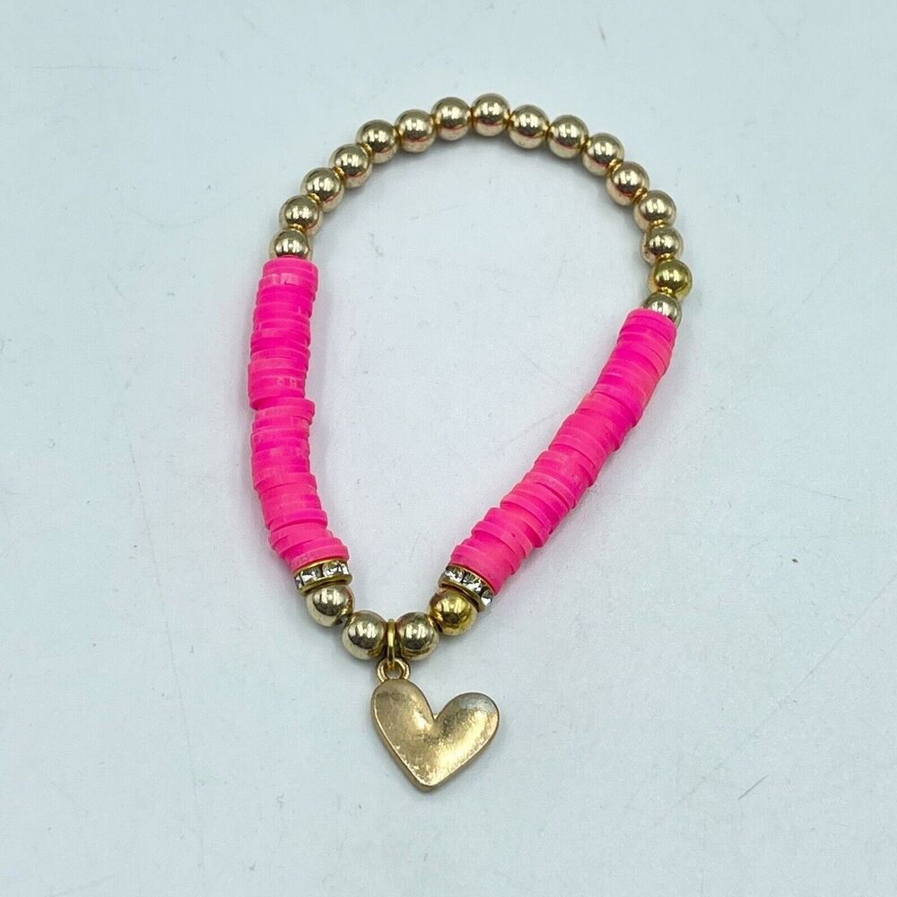 New Women’s & Girls Flat Beads Pink Bracelet With Metal Gold Color Beads White - Picture 6 of 7